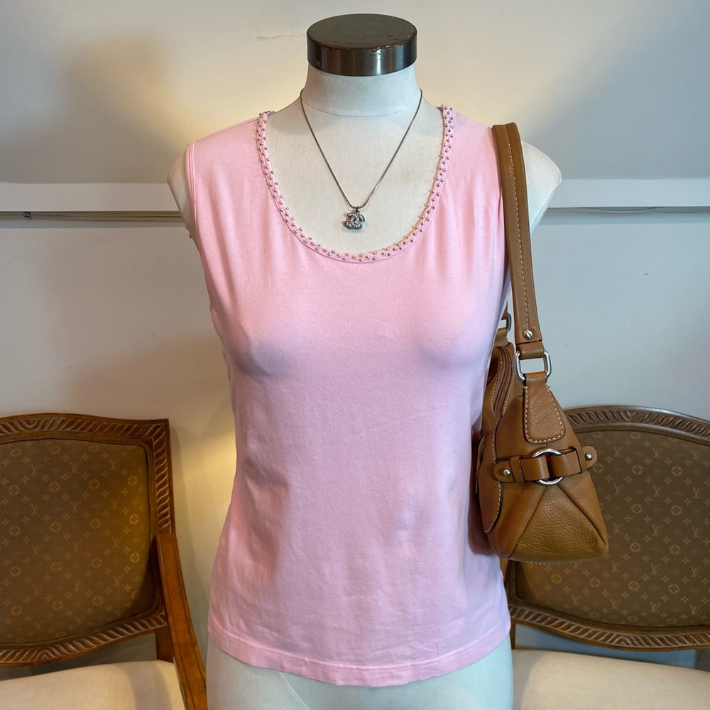 Vintage 90s Y2K Light Pink Tank Top Stud Embellishments Scoop Neck Cotton Size S